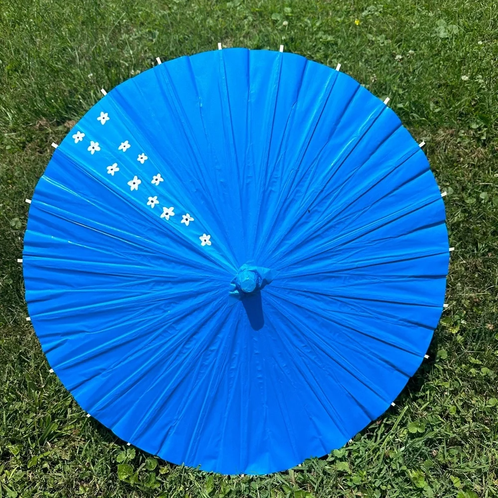 Blue Paper Parasol with White Flower Design
